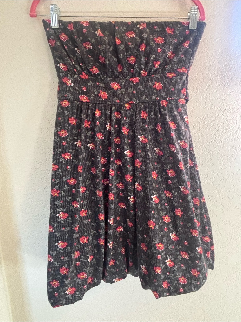 Girls Black Floral Strapless Dress - Pink Rose Print
